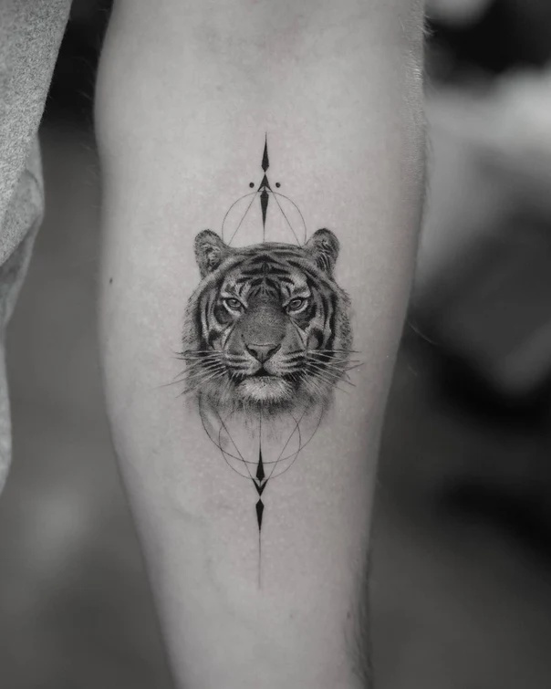 Realism Tiger, Geometric tattoo on Forearm