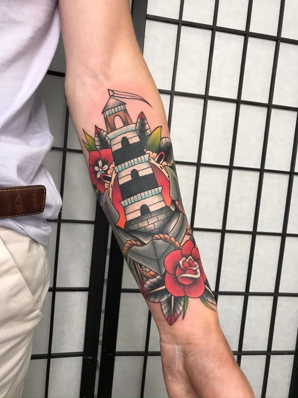 Traditional Lighthouse, Rose tattoo on Forearm