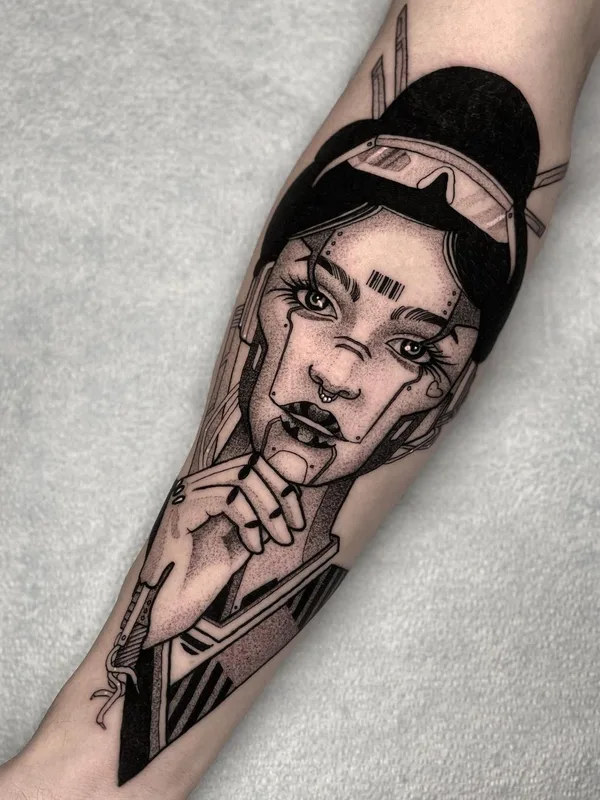 black and grey cyber татуировка на forearm #42541 | Тату мастер Zach Donn