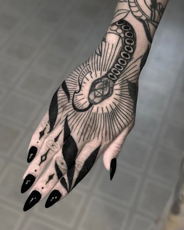Blackwork Snake, Geometric tattoo on Hand