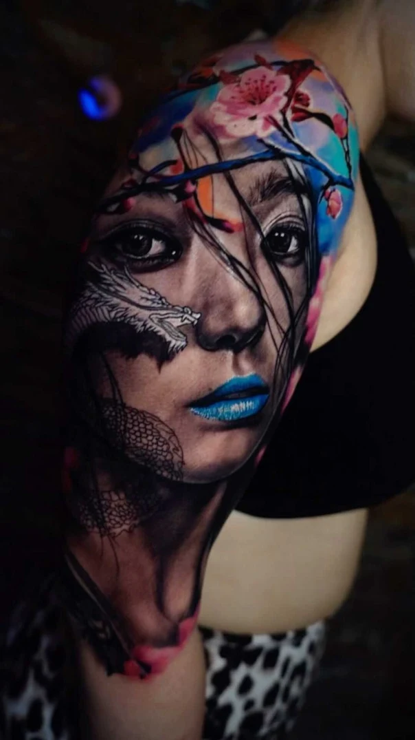 Realism Face, Dragon tattoo on Full Sleeve