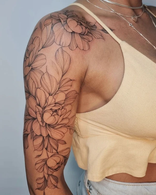 Linework Flowers, Leaves tattoo on Full Sleeve