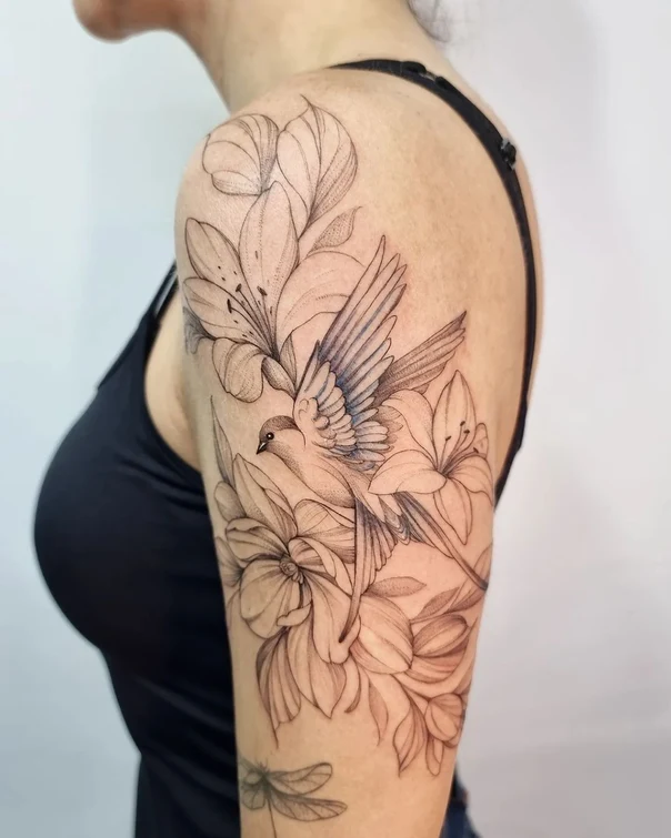 Fineline Bird, Flowers tattoo on Shoulder
