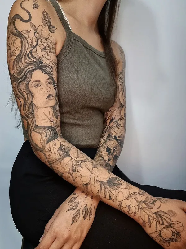 female black and grey illustrative Tatuaggio su full sleeve #58717 | Tatuatore Karol Dias