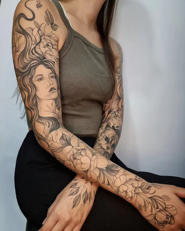 Illustrative Portrait, Flowers tattoo on Full Sleeve