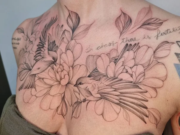 Fineline Birds, Flowers tattoo on Chest