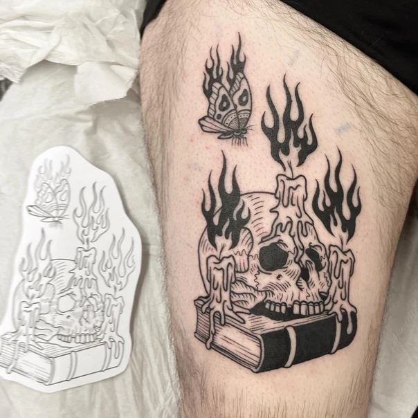 Blackwork Skull, Butterfly tattoo on Thigh