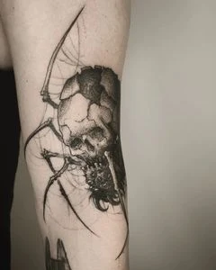 Blackwork Skull, Spider tattoo on Forearm