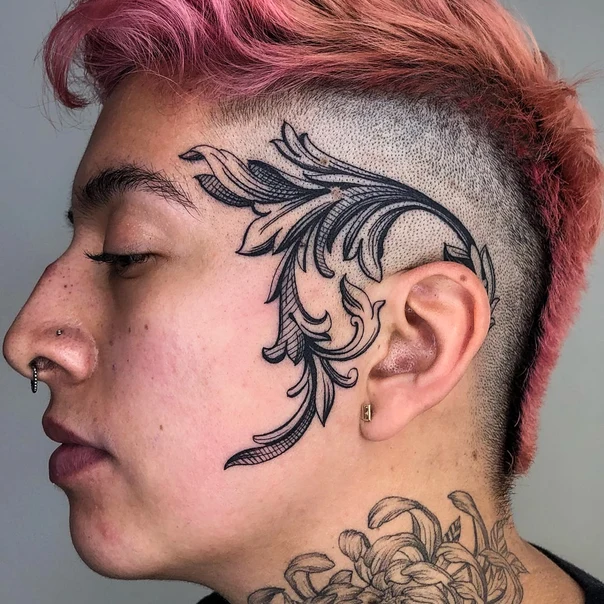 Ornamental Floral, Scrollwork tattoo on Face