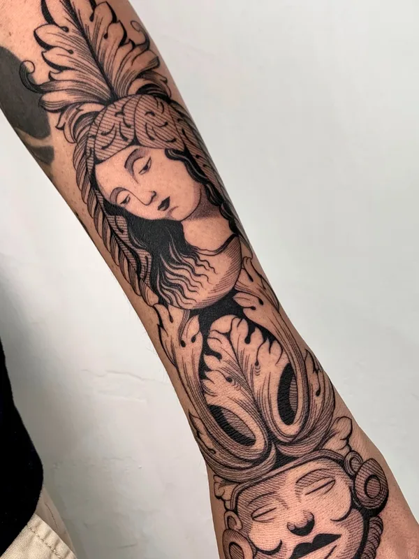 black and grey engraving 纹身 在 forearm #58762 | 纹身师 Ulises Indio