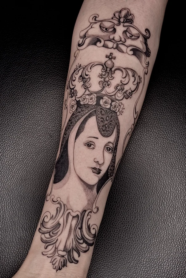 Black & Grey Portrait, Crown tattoo on Forearm
