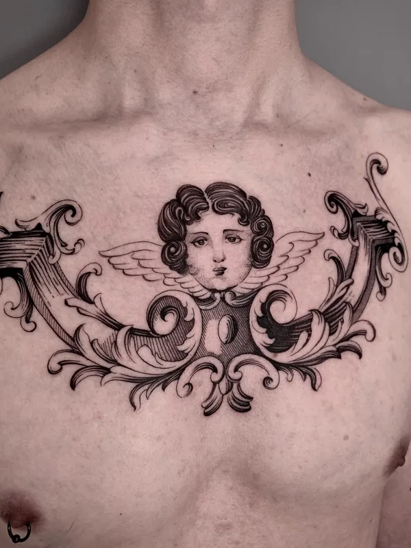 male black engraving 纹身 在 chest #58764 | 纹身师 Ulises Indio