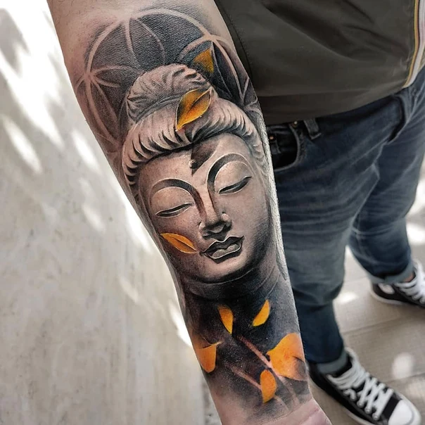 Realism Buddha, Leaves tattoo on Forearm