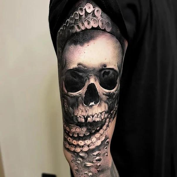 Realism Skull, Octopus tattoo on Forearm