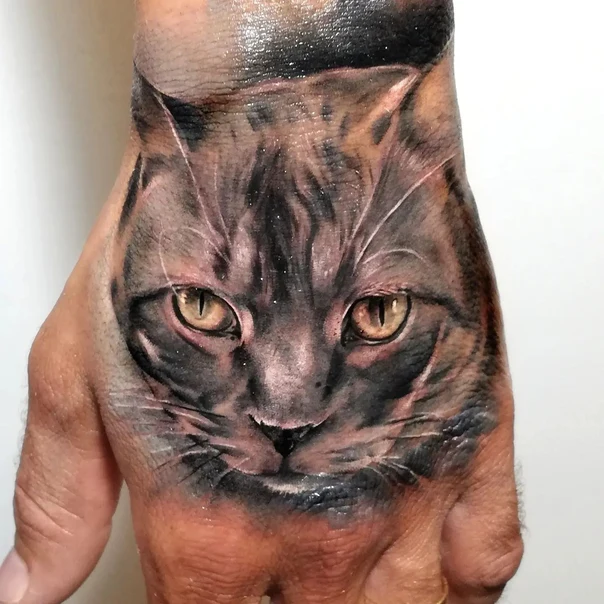 Realism Cat, Animal tattoo on Back of Hand