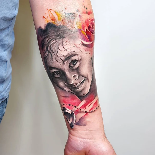 Realism Portrait, Rose tattoo on Forearm