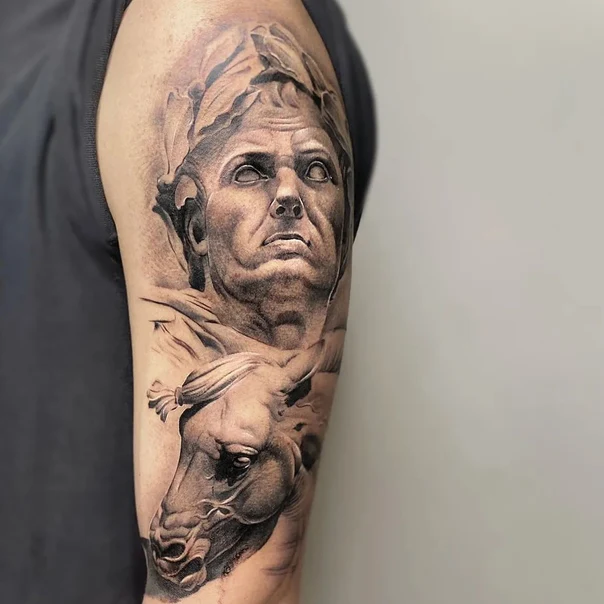 Realism Statue, Horse tattoo on Upper Arm