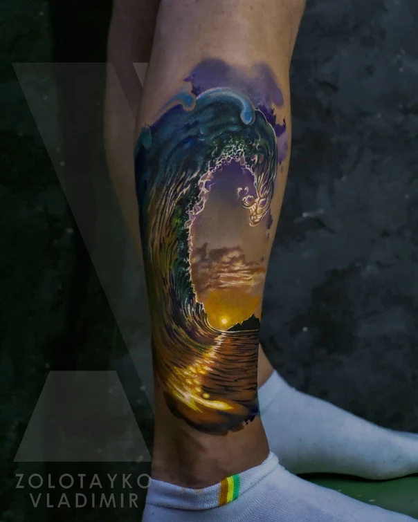 Realism Wave, Sunset tattoo on Calf