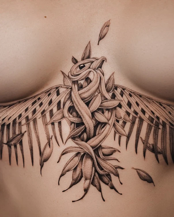 Dotwork Leaves, Floral tattoo on Chest