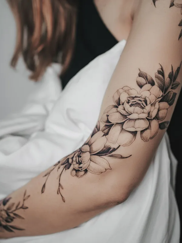 female black and grey botanic 纹身 在 forearm #58874 | 纹身师 Ezer