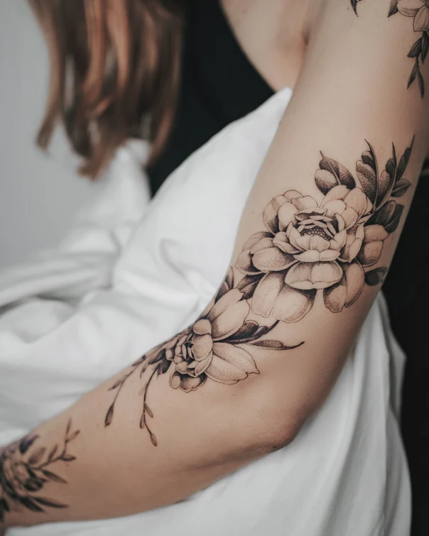 Botanic Flower, Leaves tattoo on Forearm
