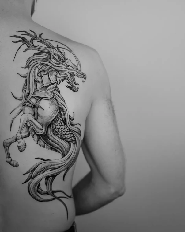 Blackwork Dragon, Mythical creature tattoo on Shoulder Blade