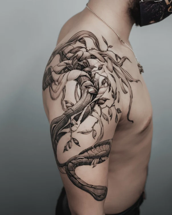 Blackwork Snake, Leaves tattoo on Shoulder