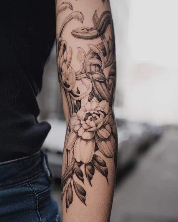 Black & Grey Flower, Snake tattoo on Forearm
