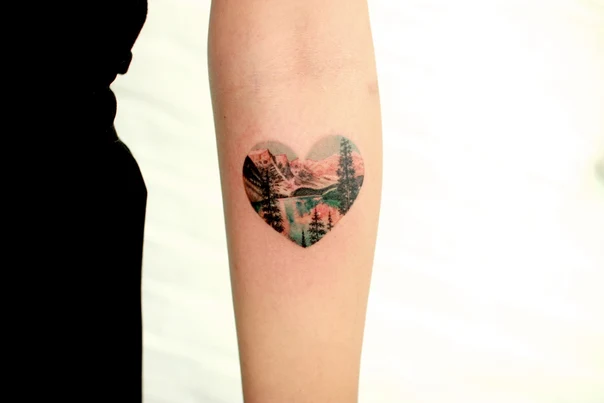 Watercolor Landscape, Heart tattoo on Forearm