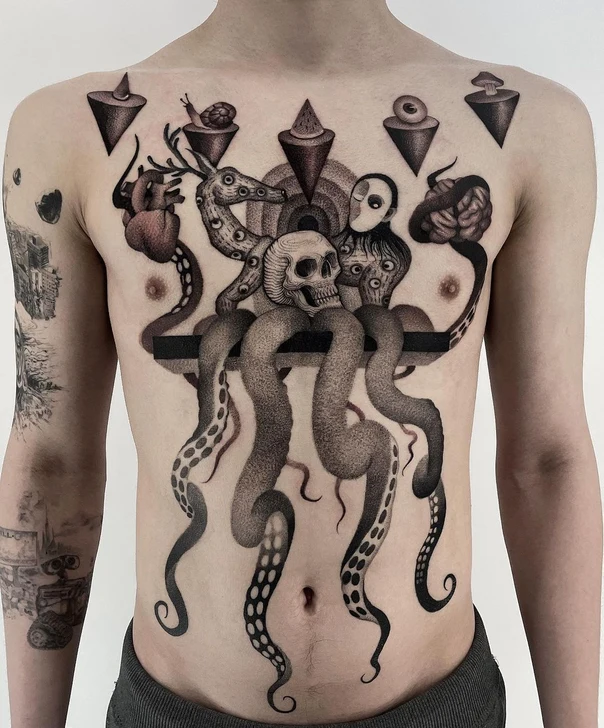 Surrealism Skull, Octopus tattoo on Chest