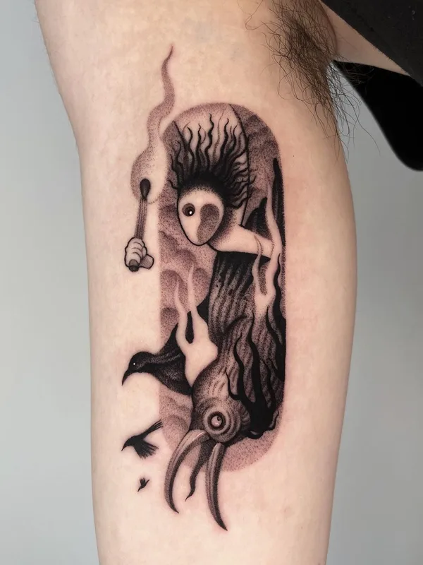 black and grey illustrative татуировка на thigh #58899 | Тату мастер Sinsa