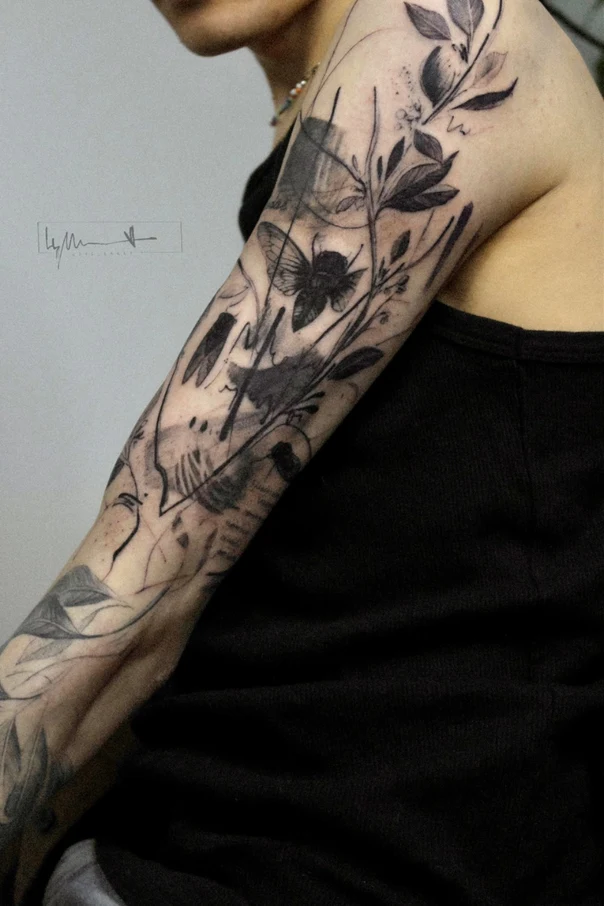 Скетч / Набросочная Botanic, Butterfly tattoo на Полный рукав