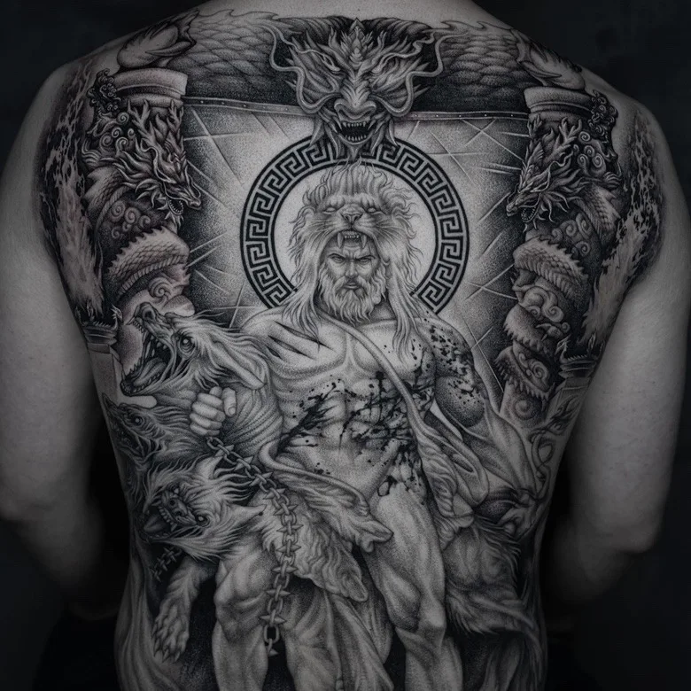 Full back black & gray tattoo - Park tattooer