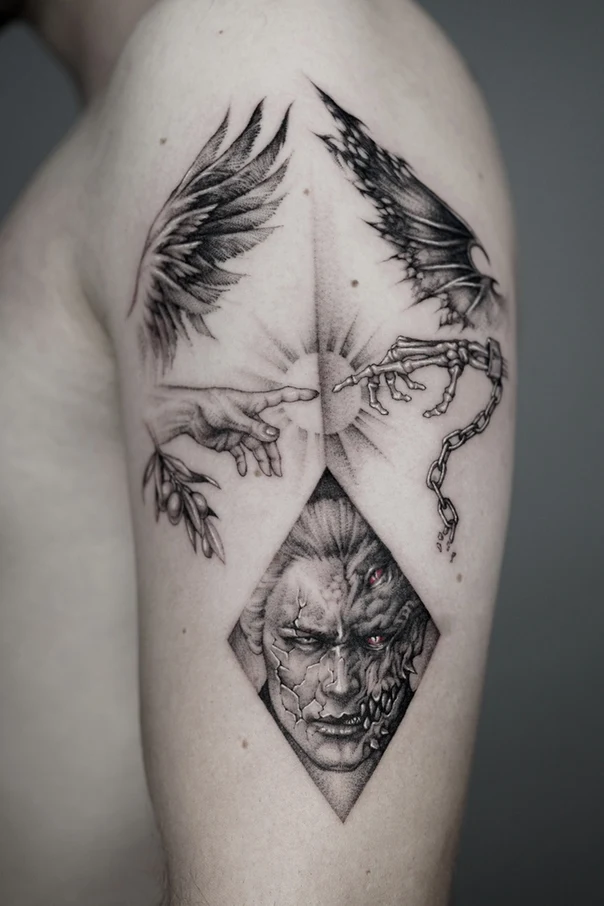 Black & Grey Wings, Hands tattoo on Upper Arm
