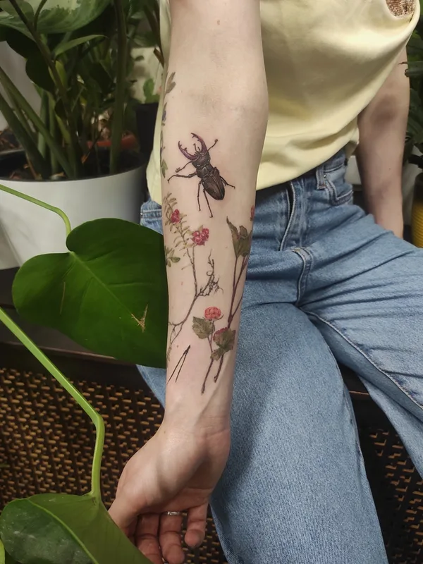 female color botanic tattoo on shoulder #59063 | Tattoo Artist Ксения Дармаева