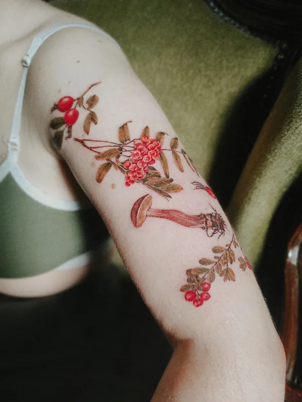 female color botanic tattoo on shoulder #59058 | Tattoo Artist Ксения Дармаева