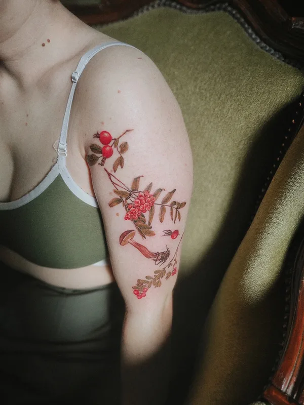 female color botanic tattoo on shoulder #59061 | Tattoo Artist Ксения Дармаева