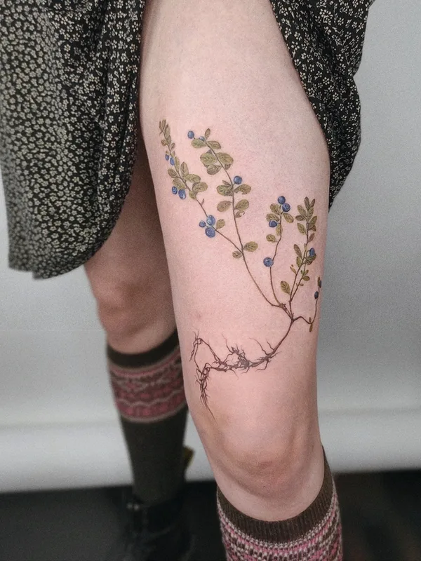 female color botanic tattoo on thigh #59060 | Tattoo Artist Ксения Дармаева