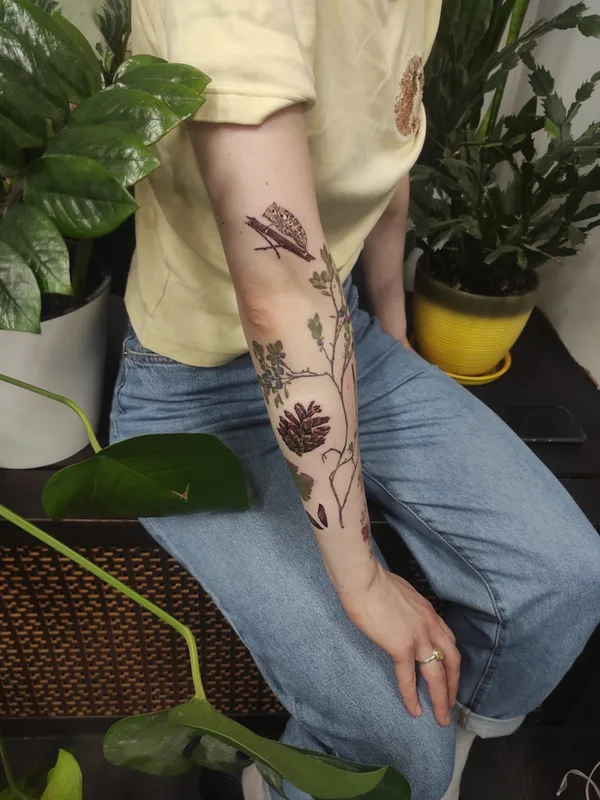 female color botanic tattoo on forearm #59051 | Tattoo Artist Ксения Дармаева