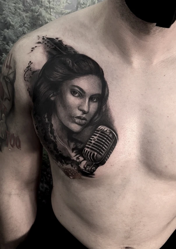 Realism Portrait, Microphone tattoo on Chest