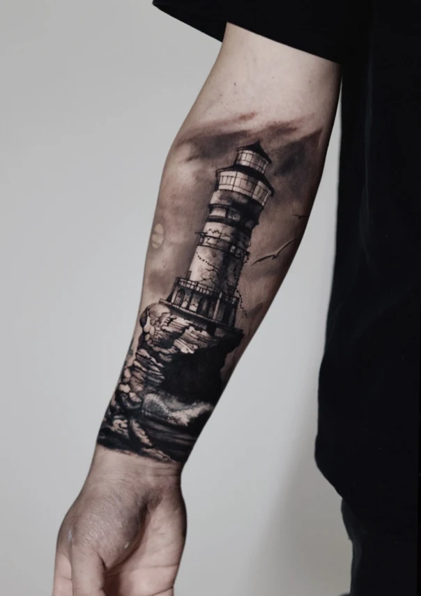 Black & Grey Lighthouse, Landscape tattoo on Forearm