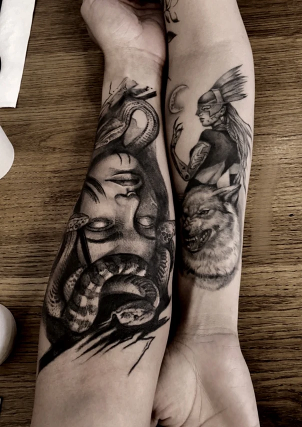 Black & Grey Face, Snake tattoo on Forearm