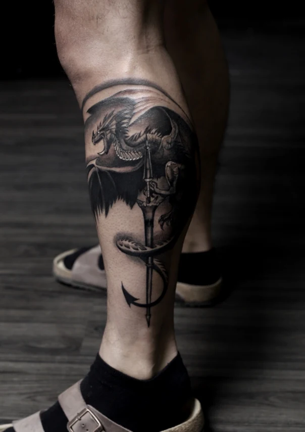 Black & Grey Dragon, Anchor tattoo on Calf