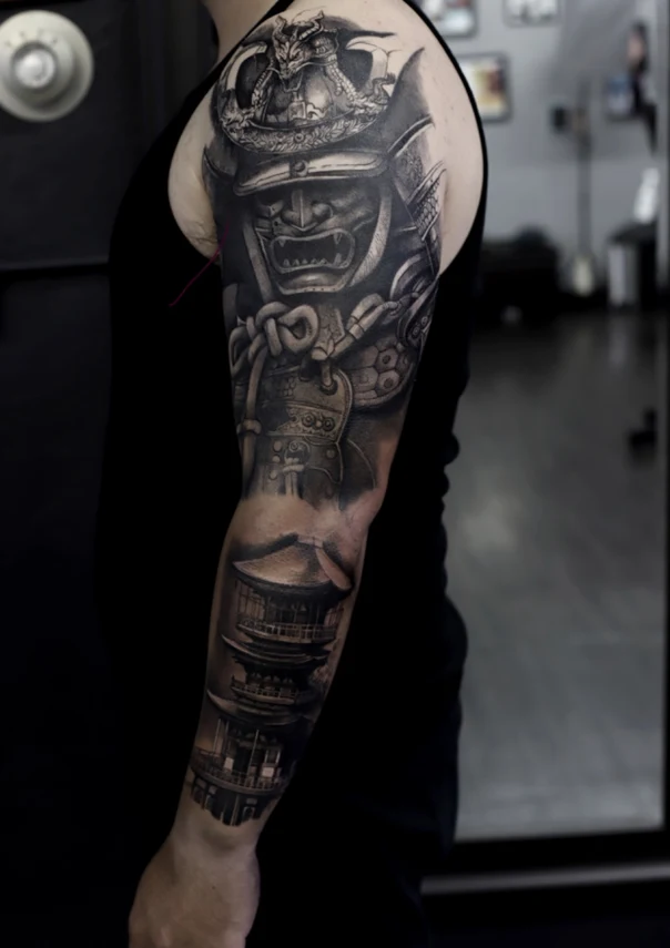 Japanese Samurai, Pagoda tattoo on Full Sleeve