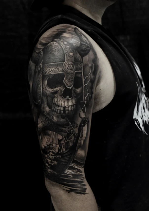 Black & Grey Skull, Viking tattoo on Full Sleeve