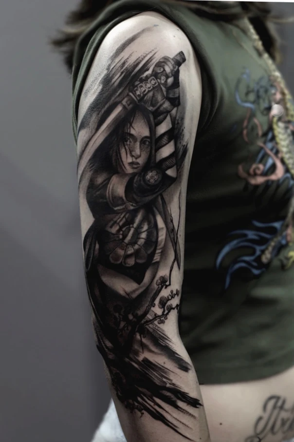 Black & Grey Samurai, Sword tattoo on Full Sleeve