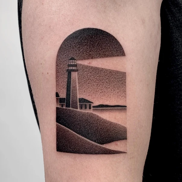 Blackwork Lighthouse, Landscape tattoo on Forearm