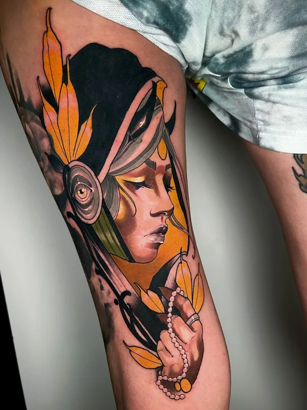 female color illustrative tattoo on thigh #59358 | Tattoo Artist Jon Coimbra