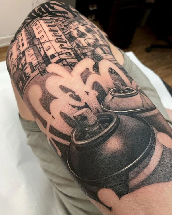 Black & Grey Spray can, Buildings tattoo on Forearm