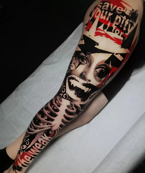 Trash Polka Face, Skeleton tattoo on Full Sleeve